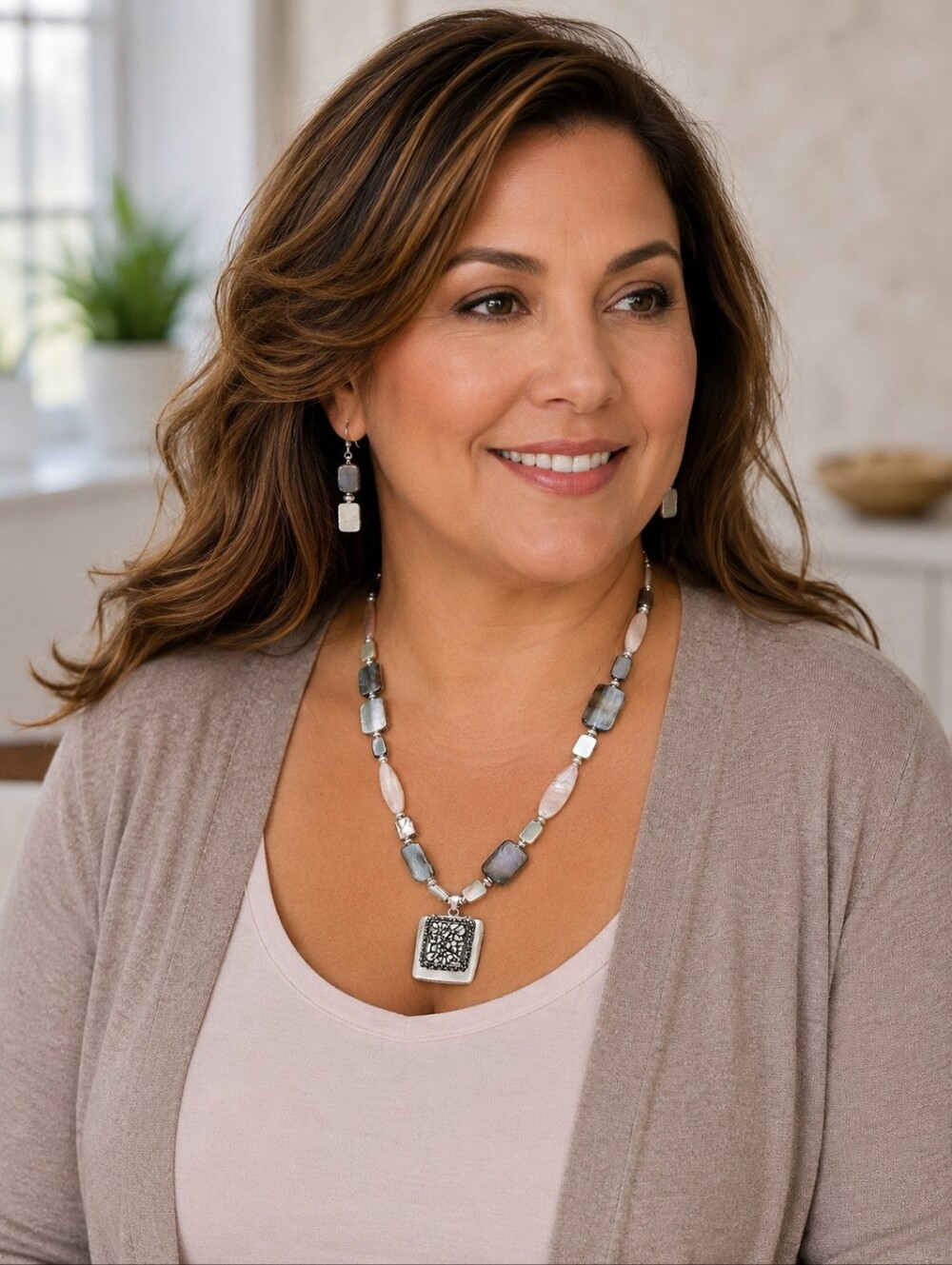 Gray & Pink Mother-of-Pearl Mosaic Pendant Necklace & Hook Earrings Set